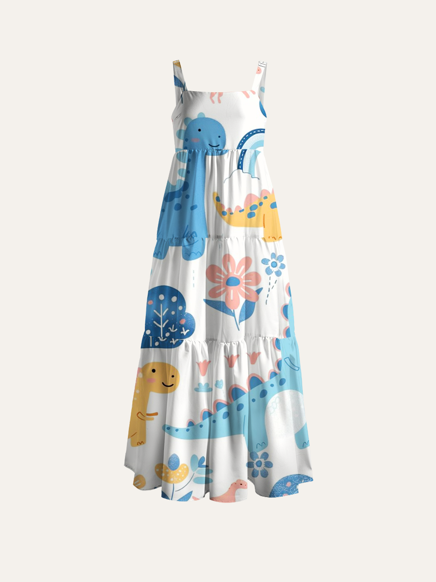 Cute Pastel Dinosaur Adjustable Wide Straps Maxi Dress