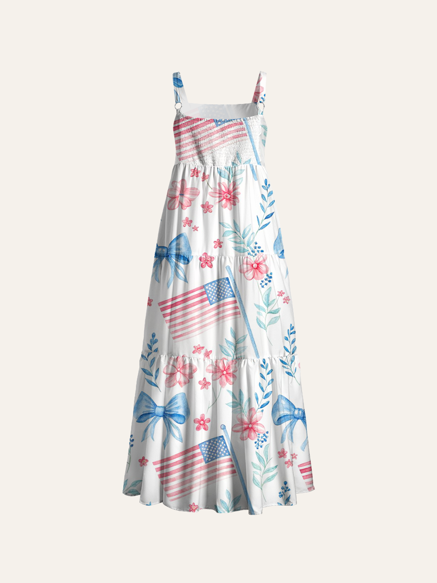 Patriotic Flag & Bow Adjustable Wide Straps Maxi Dress