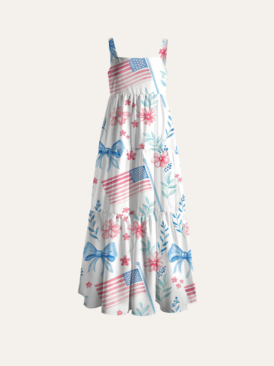 Patriotic Flag & Bow Adjustable Wide Straps Maxi Dress