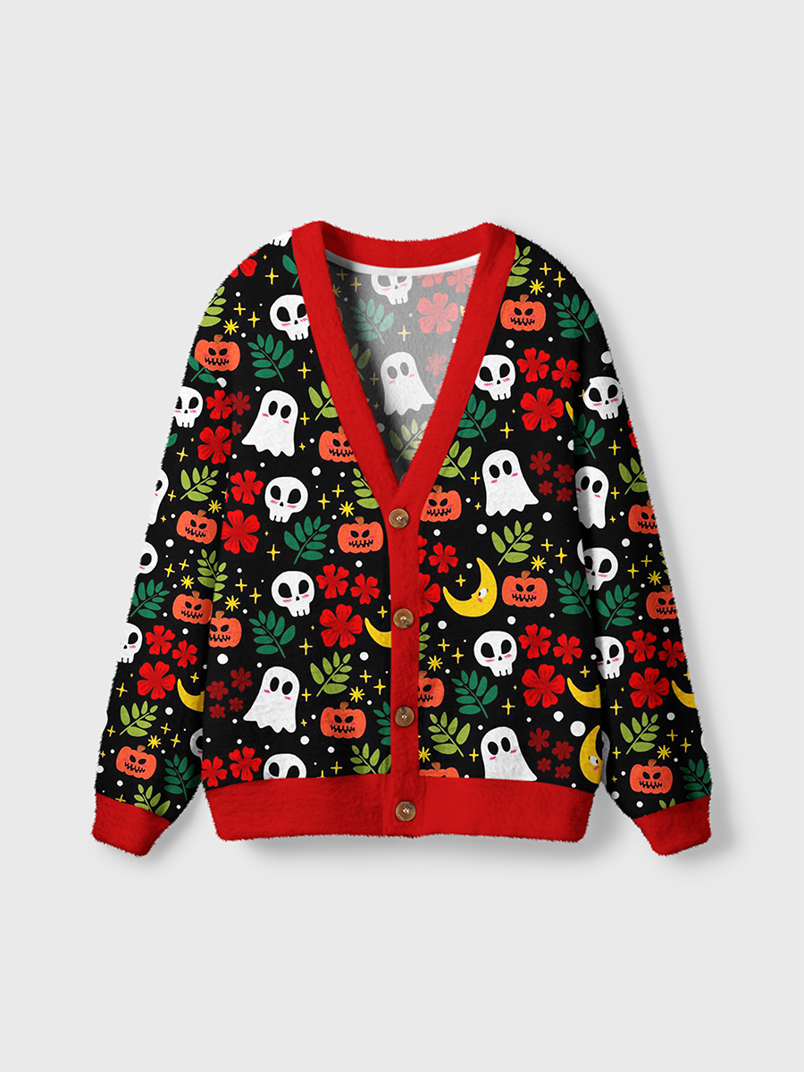 Vintage Dark Retro Red Floral Ghost Pumpkin Cardigan Sweaters