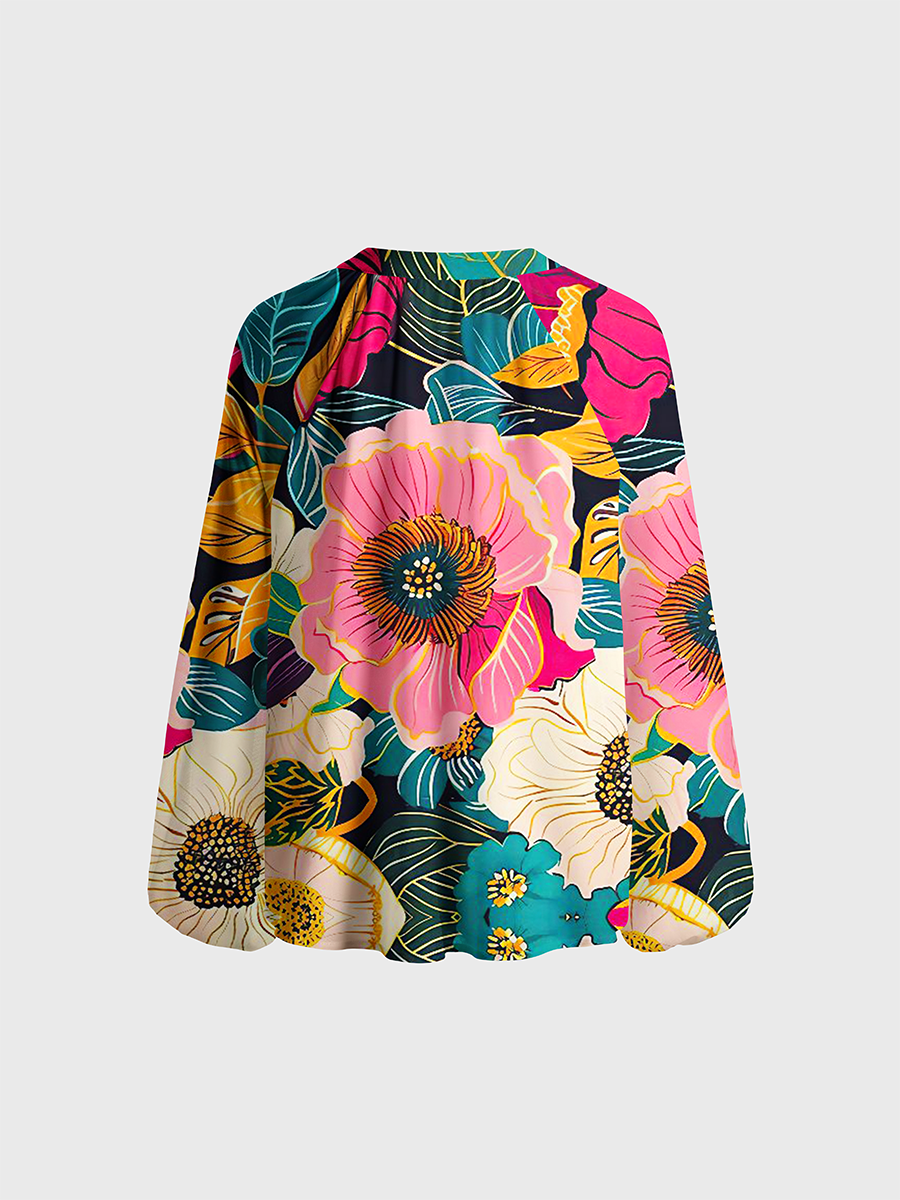 Vibrant Tropical Blooms Neck Tie Blouse