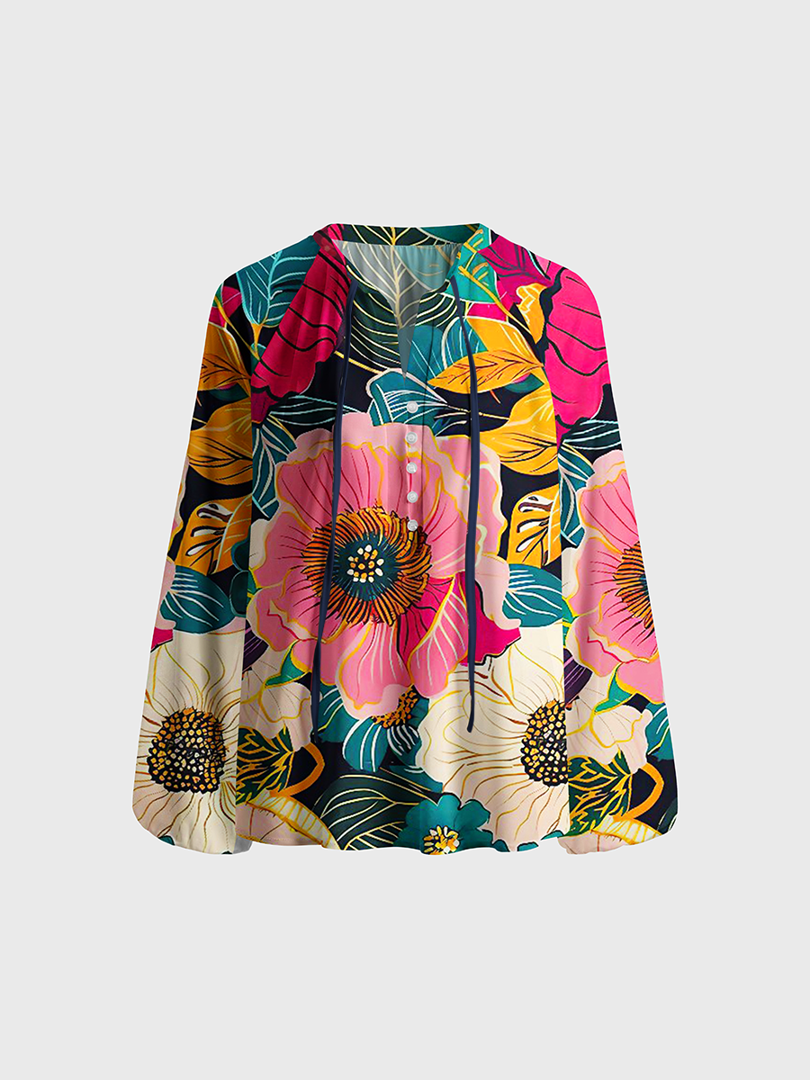 Vibrant Tropical Blooms Neck Tie Blouse