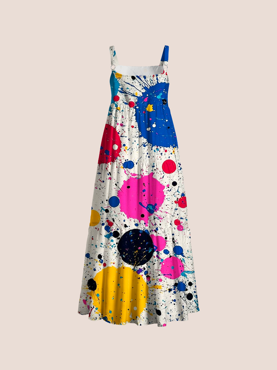 Vibrant Paint Splatter Adjustable Wide Straps Maxi Dress