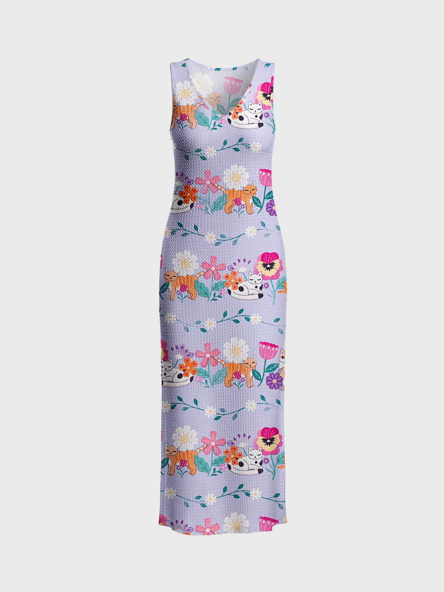 Cute Cat Floral Vine Open Stitch Midi Dress
