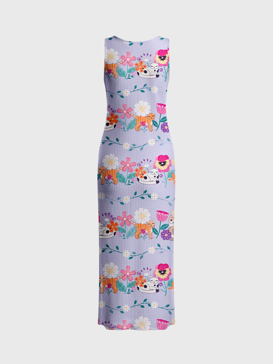 Cute Cat Floral Vine Open Stitch Midi Dress