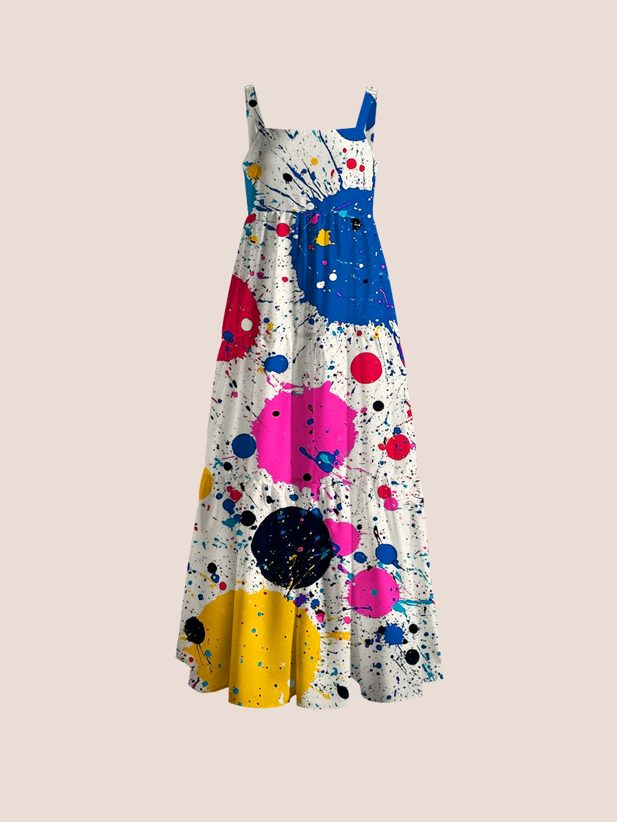 Vibrant Paint Splatter Adjustable Wide Straps Maxi Dress