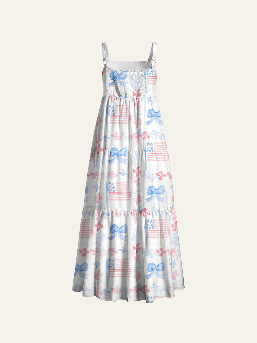 Dainty 4th of July Floral Adjustable Wide Straps Maxi Dress