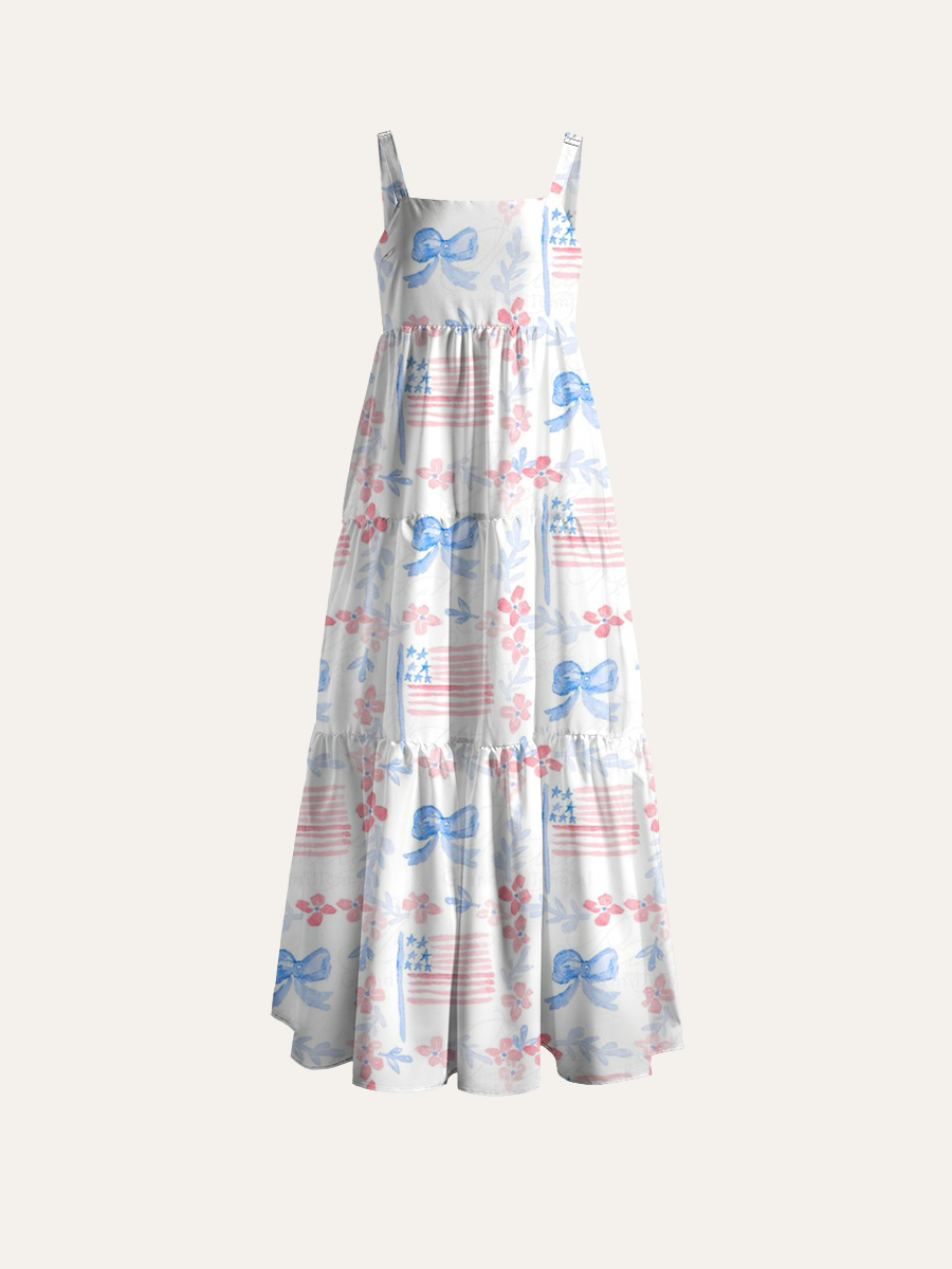 Dainty 4th of July Floral Adjustable Wide Straps Maxi Dress