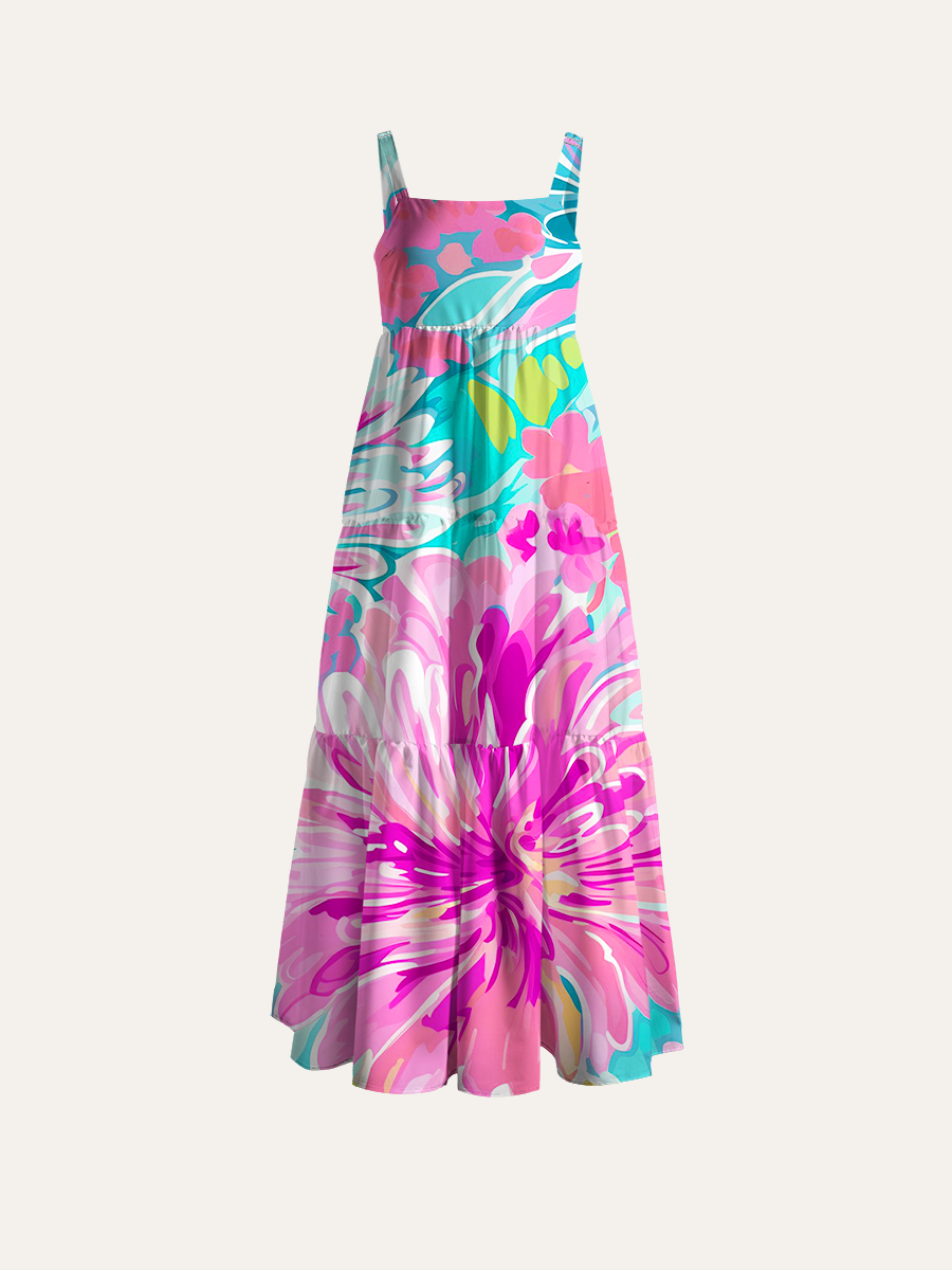 Abstract Tropical Floral Adjustable Wide Straps Maxi Dress
