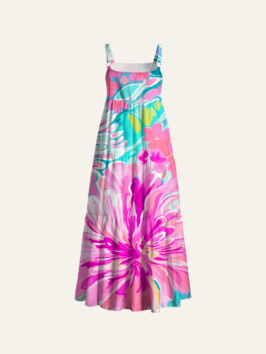 Abstract Tropical Floral Adjustable Wide Straps Maxi Dress
