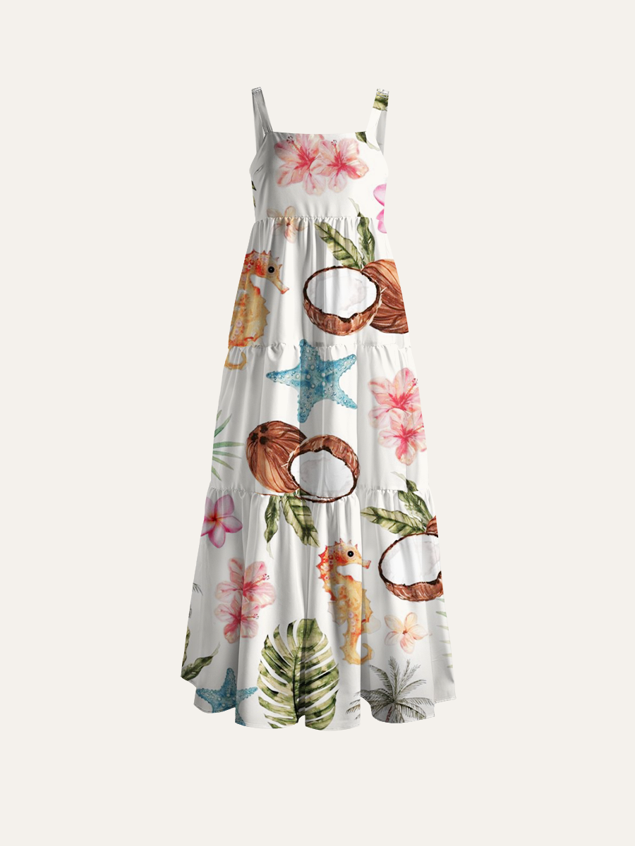 Hawaiian Hibiscus & Palm Adjustable Wide Straps Maxi Dress