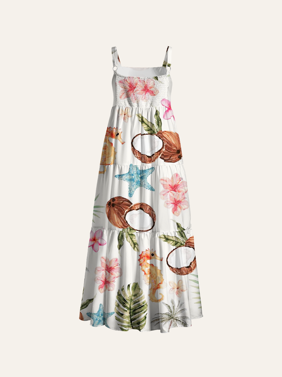 Hawaiian Hibiscus & Palm Adjustable Wide Straps Maxi Dress