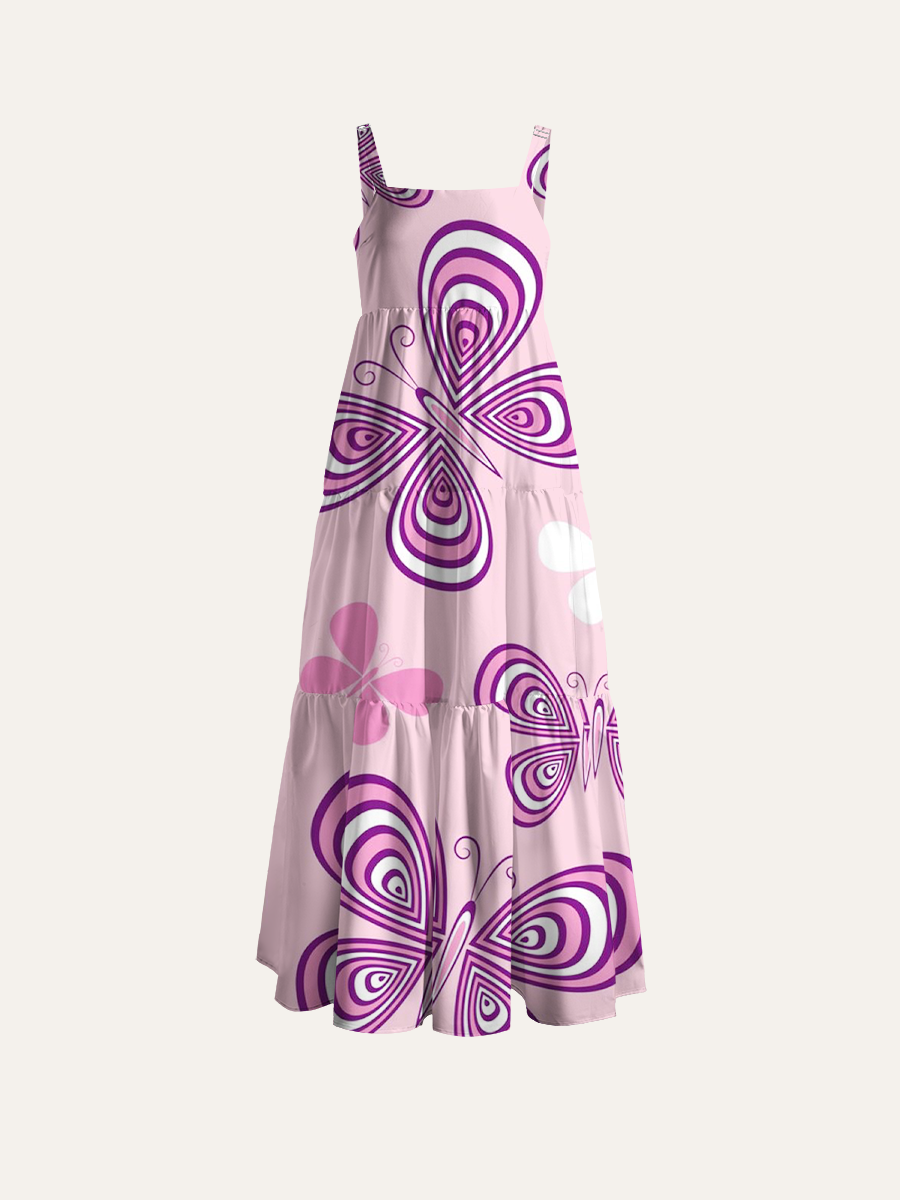 Cute Pastel Pink Butterfly Adjustable Wide Straps Maxi Dress
