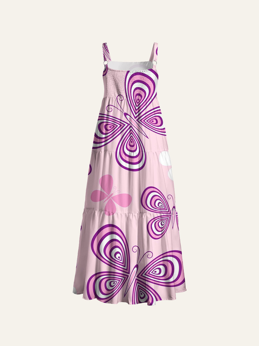 Cute Pastel Pink Butterfly Adjustable Wide Straps Maxi Dress