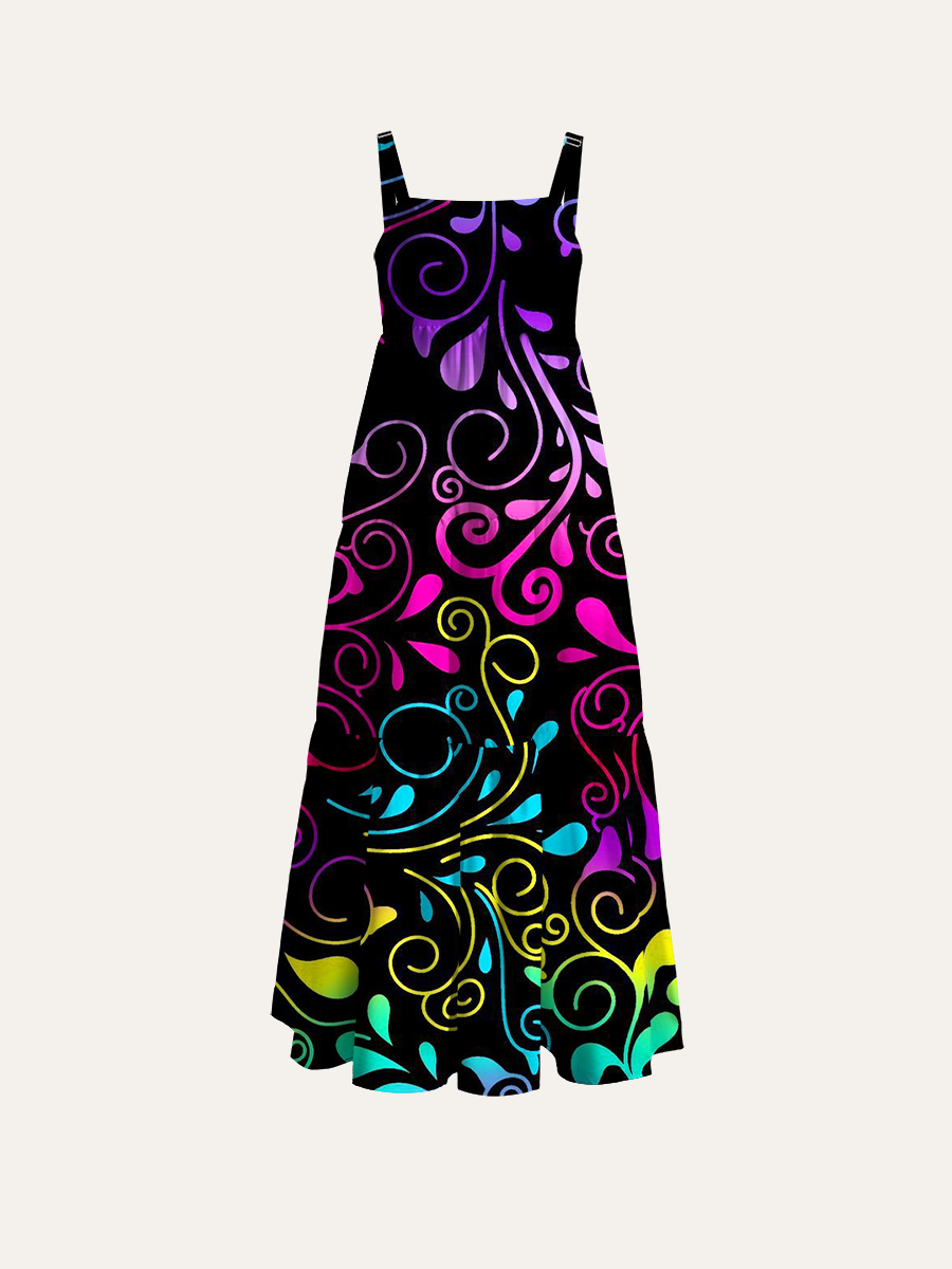 Rainbow Gradient Ornamental Adjustable Wide Straps Maxi Dress
