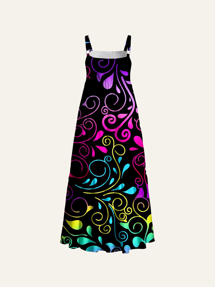 Rainbow Gradient Ornamental Adjustable Wide Straps Maxi Dress