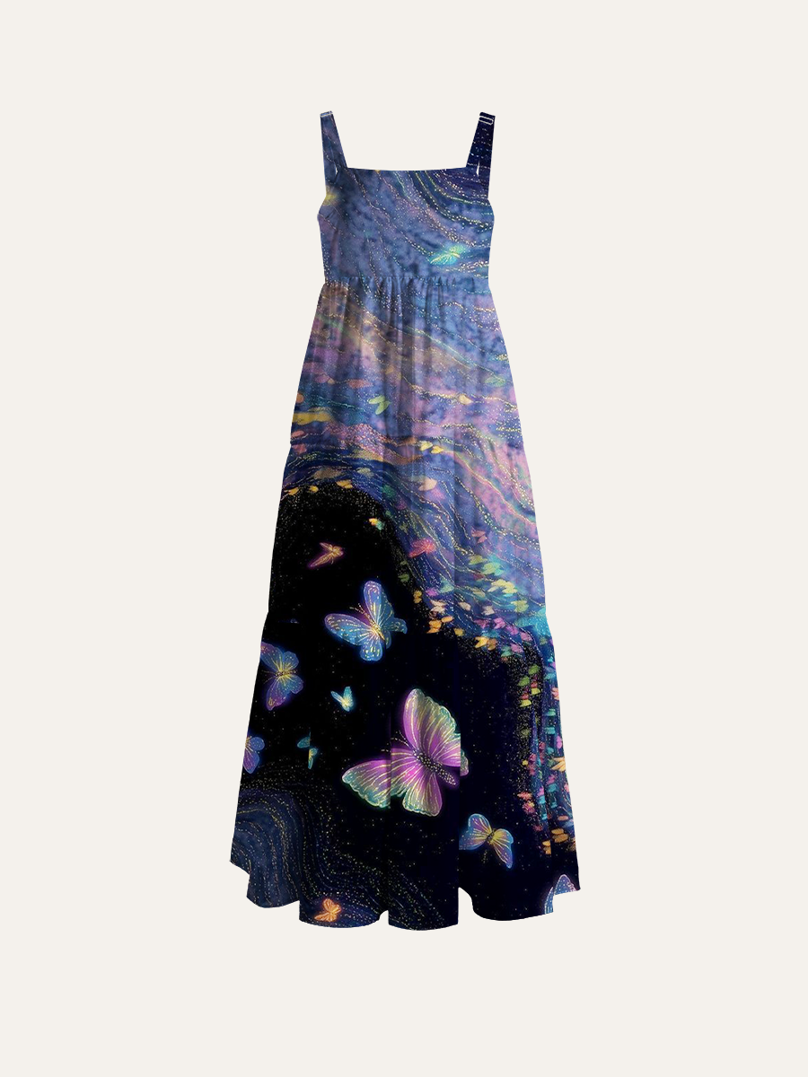 Dreamy Galaxy Butterfly Adjustable Wide Straps Maxi Dress
