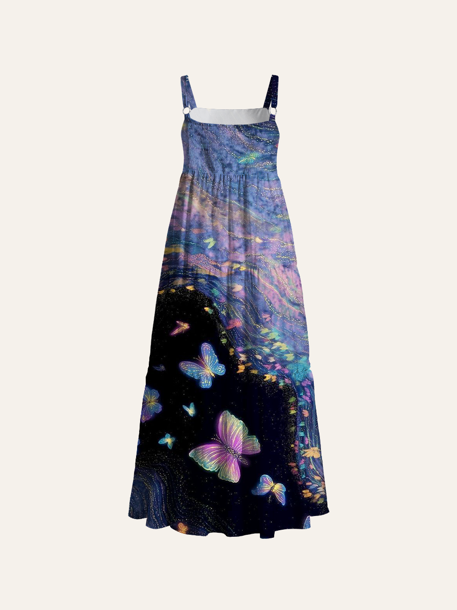 Dreamy Galaxy Butterfly Adjustable Wide Straps Maxi Dress