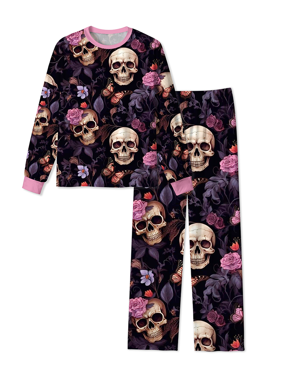 Vintage Realistic Skull Rose Butterfly Gothic Pajamas