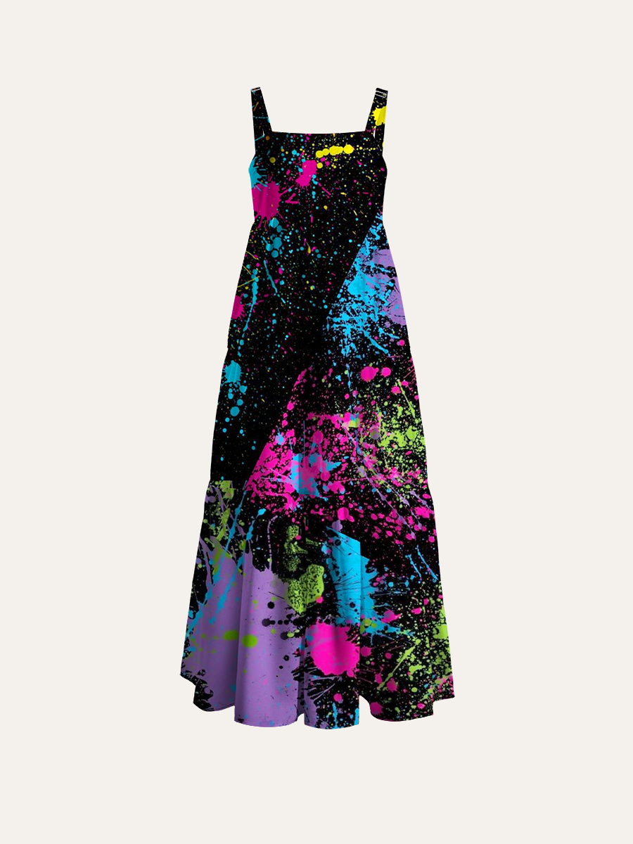 Neon Paint Splatter Graffiti Adjustable Wide Straps Maxi Dress