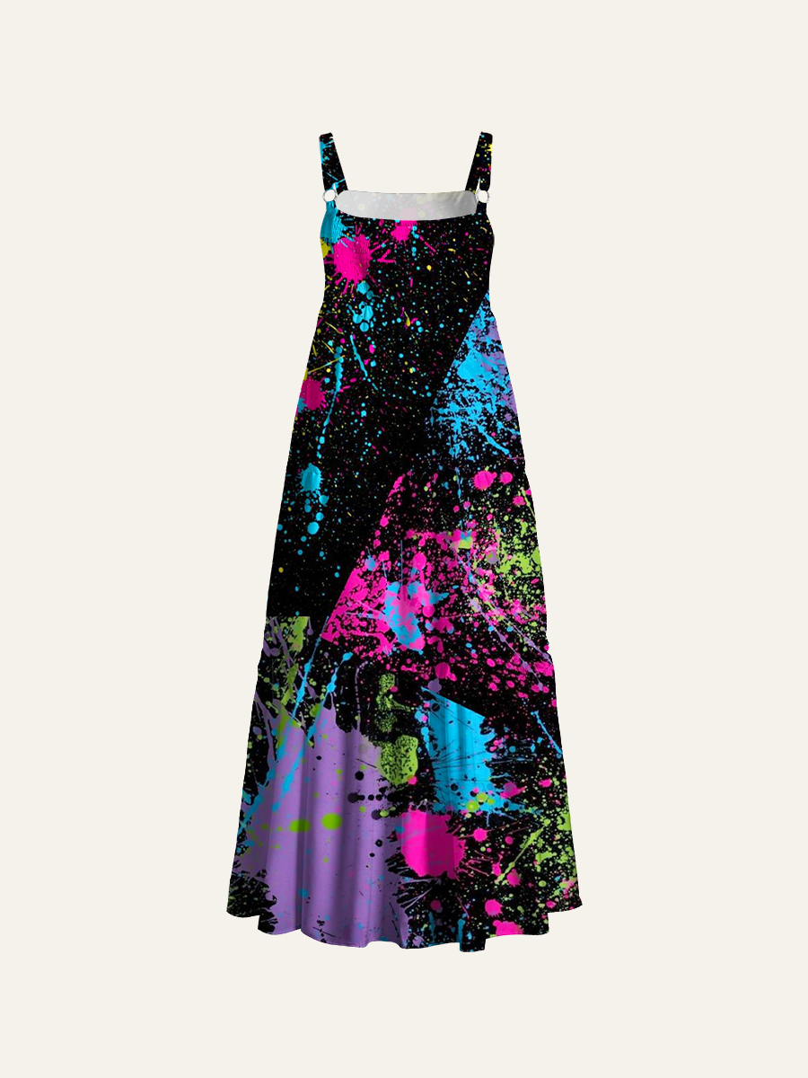 Neon Paint Splatter Graffiti Adjustable Wide Straps Maxi Dress
