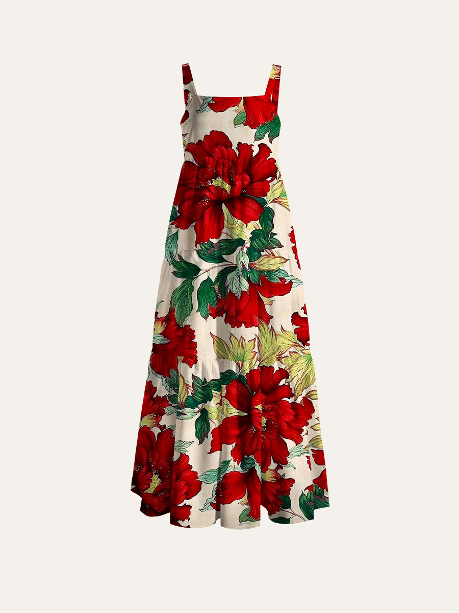 Traditional Peony Adjustable Wide Straps Maxi Dress
