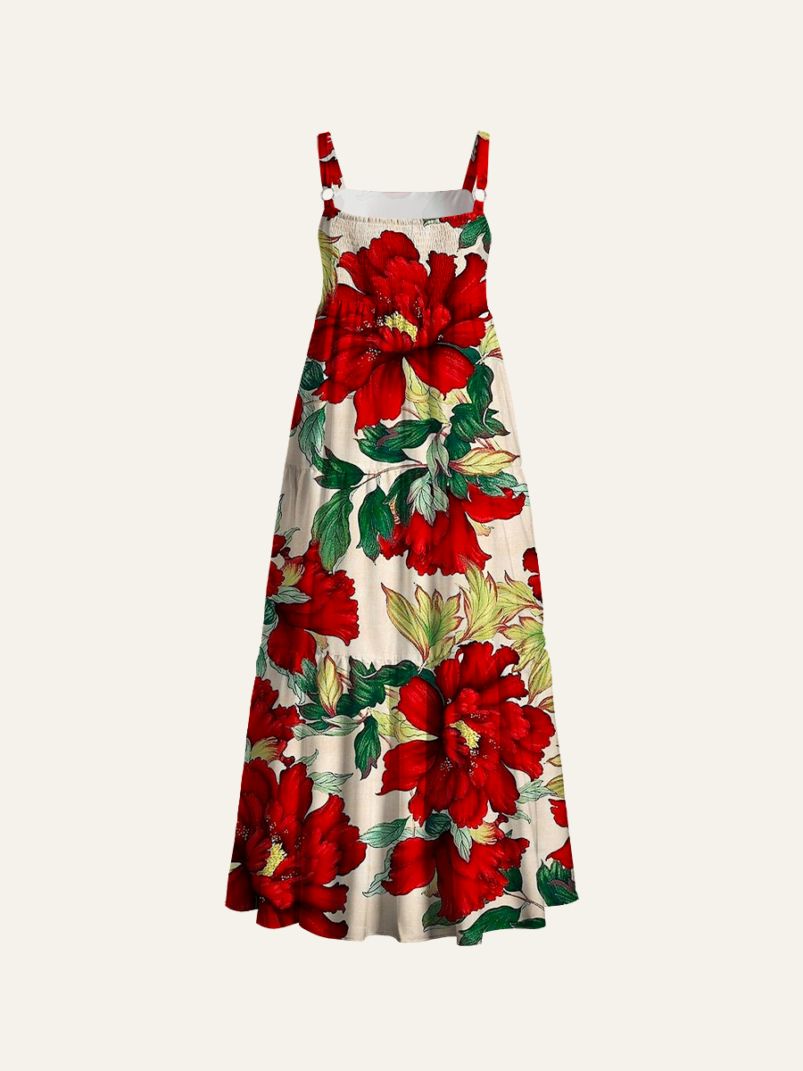 Traditional Peony Adjustable Wide Straps Maxi Dress