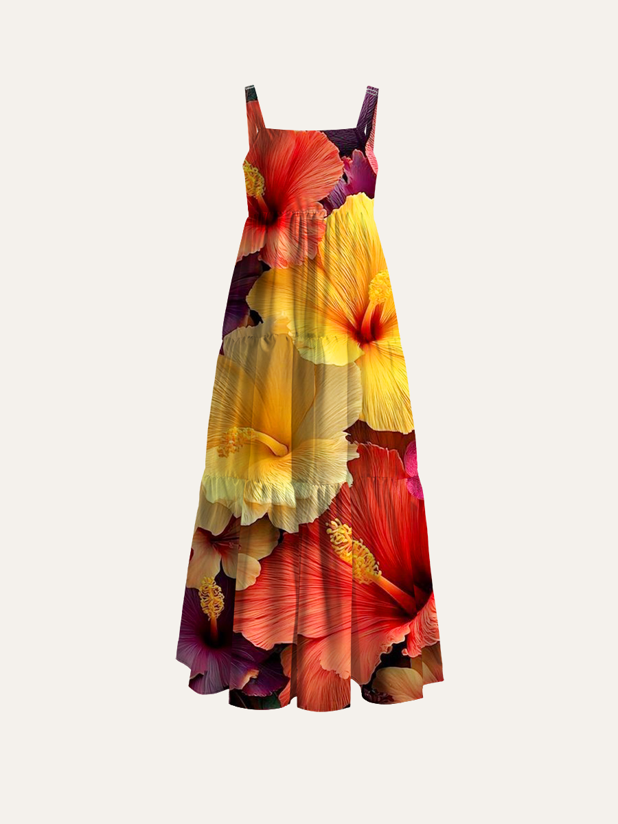 Vibrant Hawaiian Flower Adjustable Wide Straps Maxi Dress