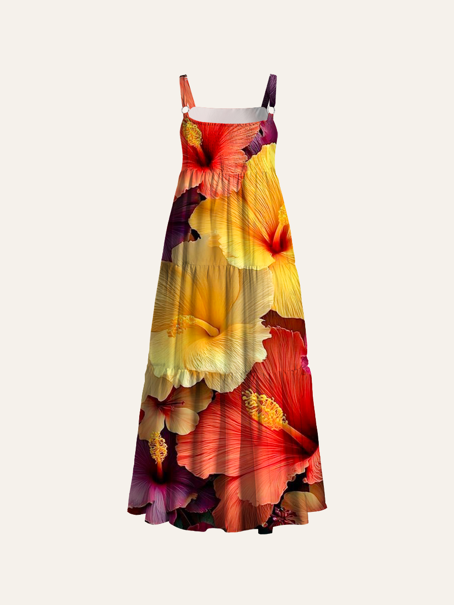 Vibrant Hawaiian Flower Adjustable Wide Straps Maxi Dress