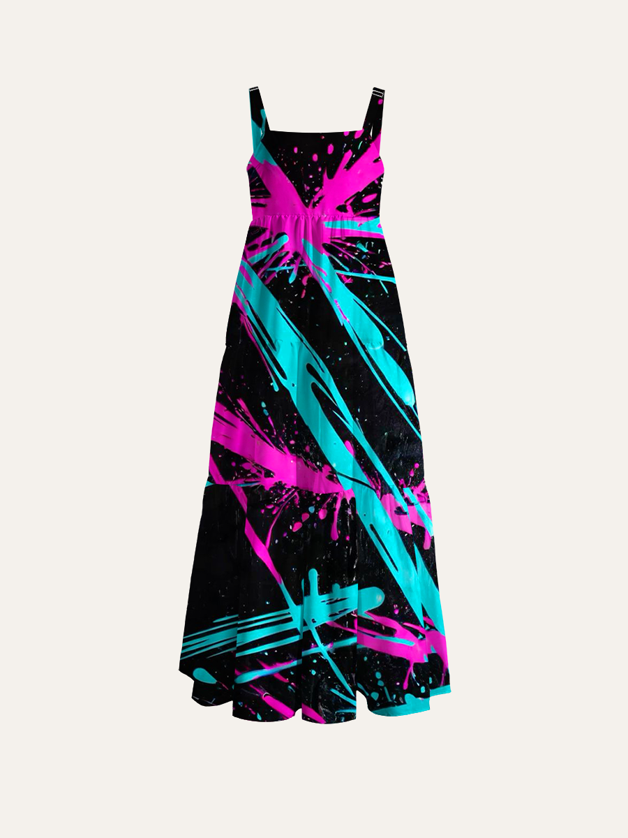Neon Pink & Cyan Paint Splash Adjustable Wide Straps Maxi Dress