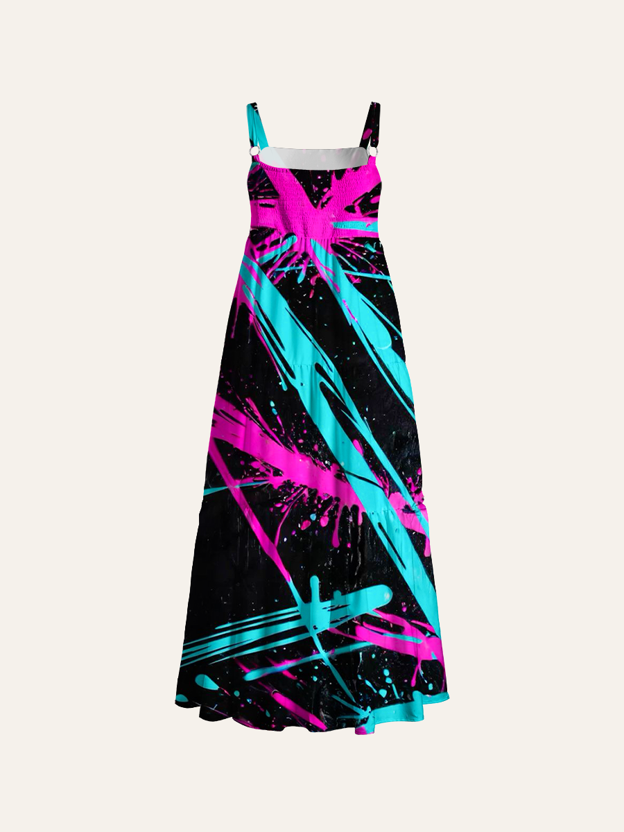 Neon Pink & Cyan Paint Splash Adjustable Wide Straps Maxi Dress