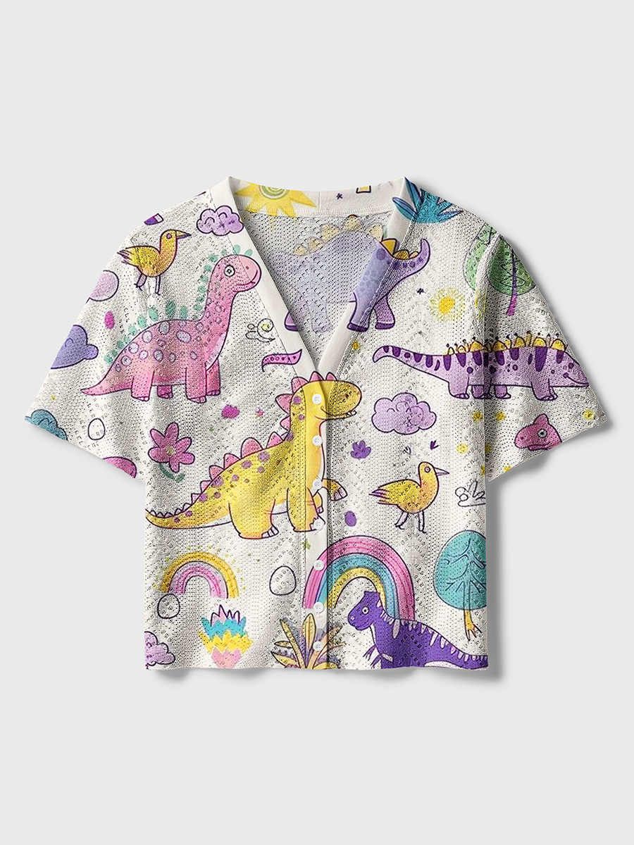 Soft Sketch-Style Dinosaur Crochet Button Down Cardigan