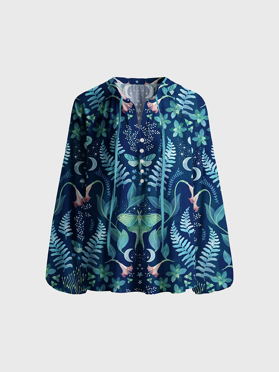 Celestial Night Garden Print Neck Tie Blouse