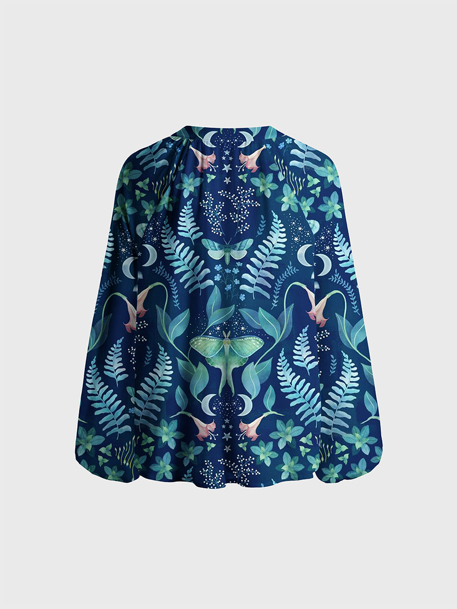 Celestial Night Garden Print Neck Tie Blouse