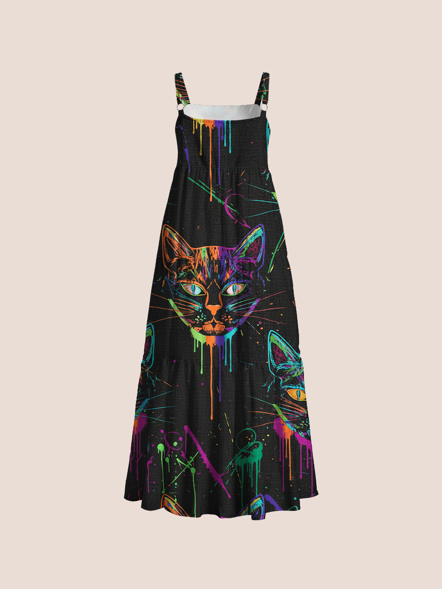 Abstract Distorted Facial Cats Adjustable Wide Straps Maxi Dress