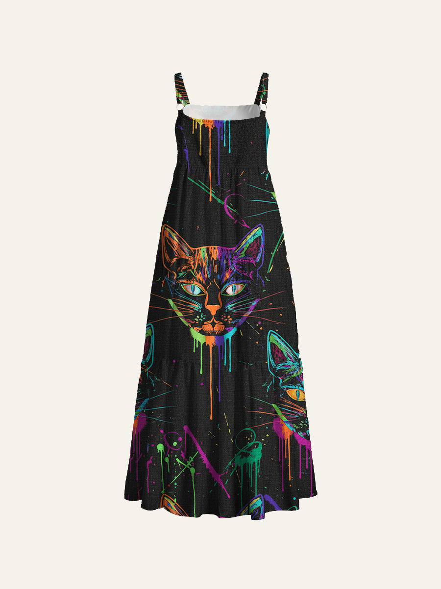 Abstract Distorted Facial Cats Adjustable Wide Straps Maxi Dress