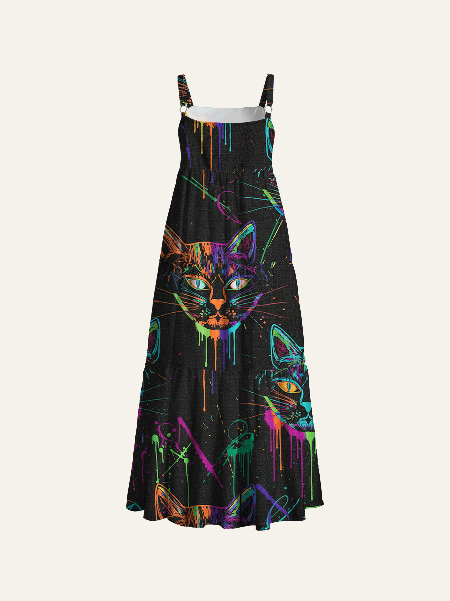 Abstract Distorted Facial Cats Adjustable Wide Straps Maxi Dress
