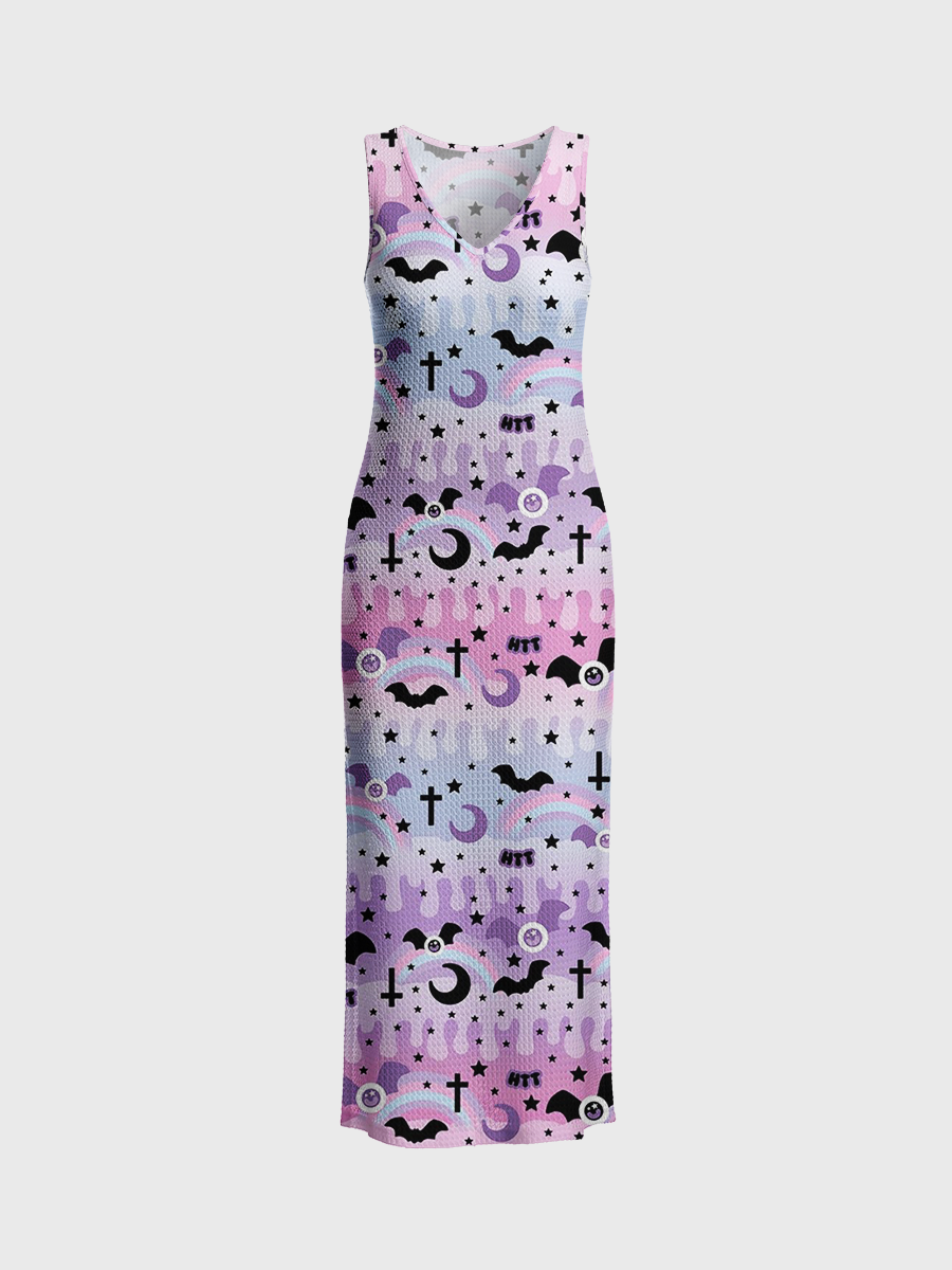 Gradient Pink-Lilac Drip Cloud Layers Open Stitch Midi Dress