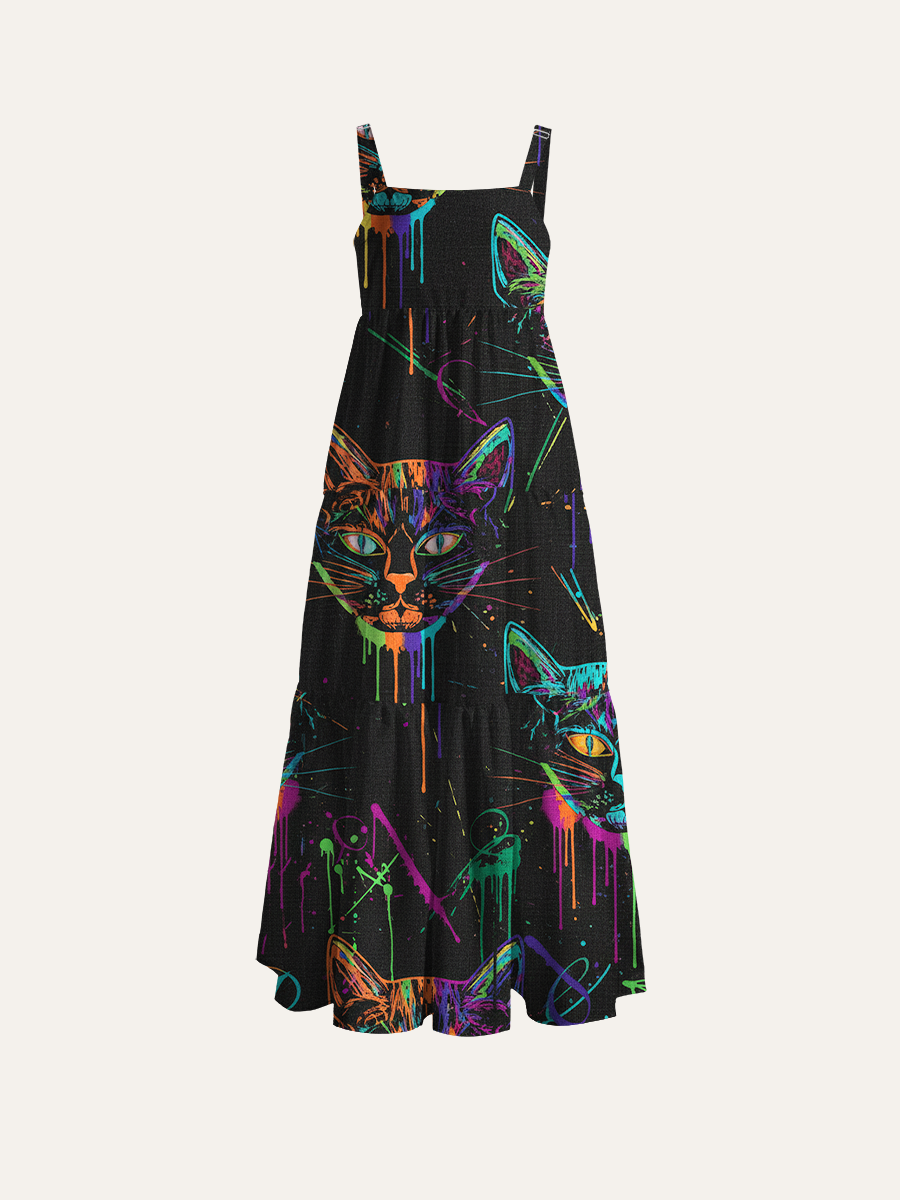 Abstract Distorted Facial Cats Adjustable Wide Straps Maxi Dress