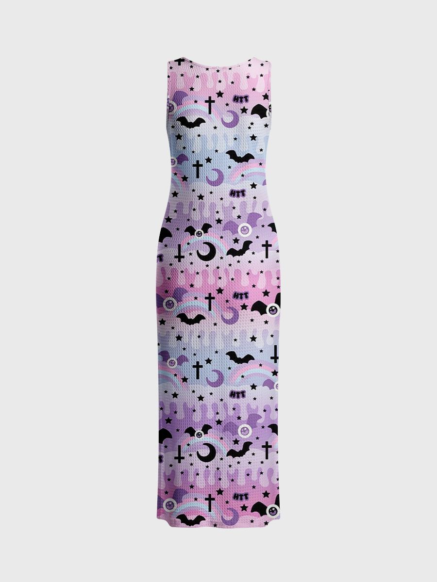Gradient Pink-Lilac Drip Cloud Layers Open Stitch Midi Dress
