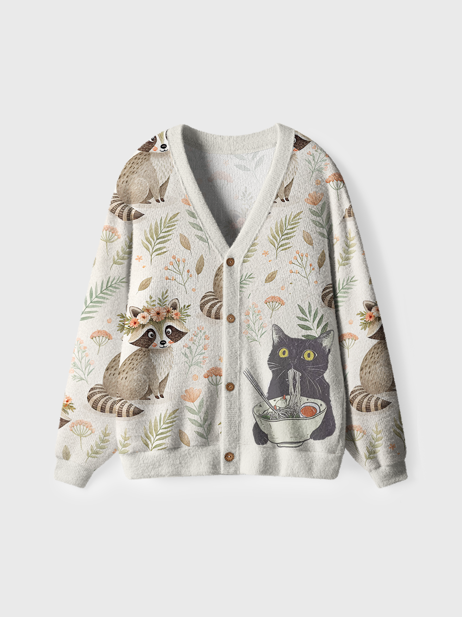 Vintage Funny Cat Eating Noodles Cardigan Sweaters