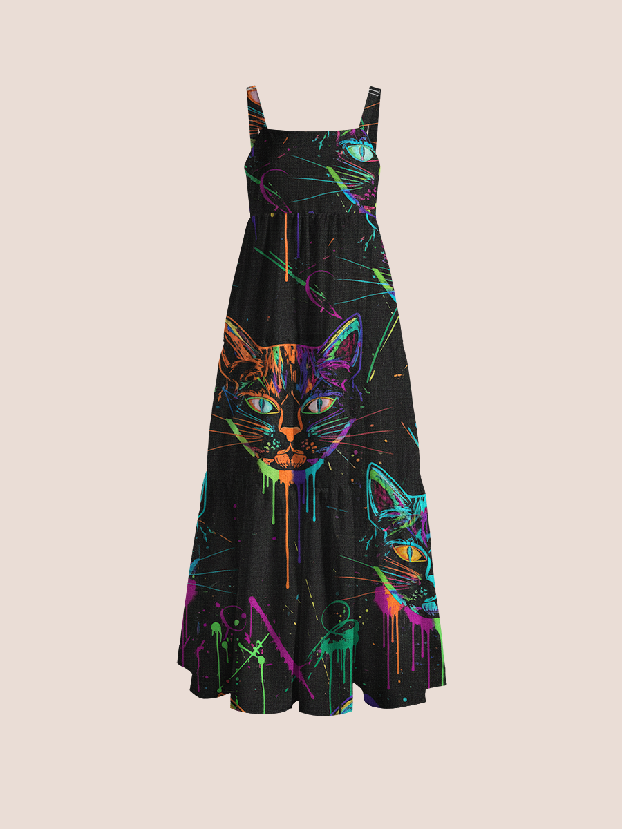 Abstract Distorted Facial Cats Adjustable Wide Straps Maxi Dress