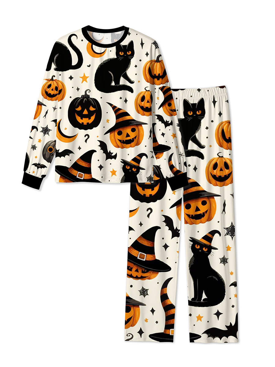Vintage Retro Americana Black Cat Pumpkin Moon Halloween Pajama