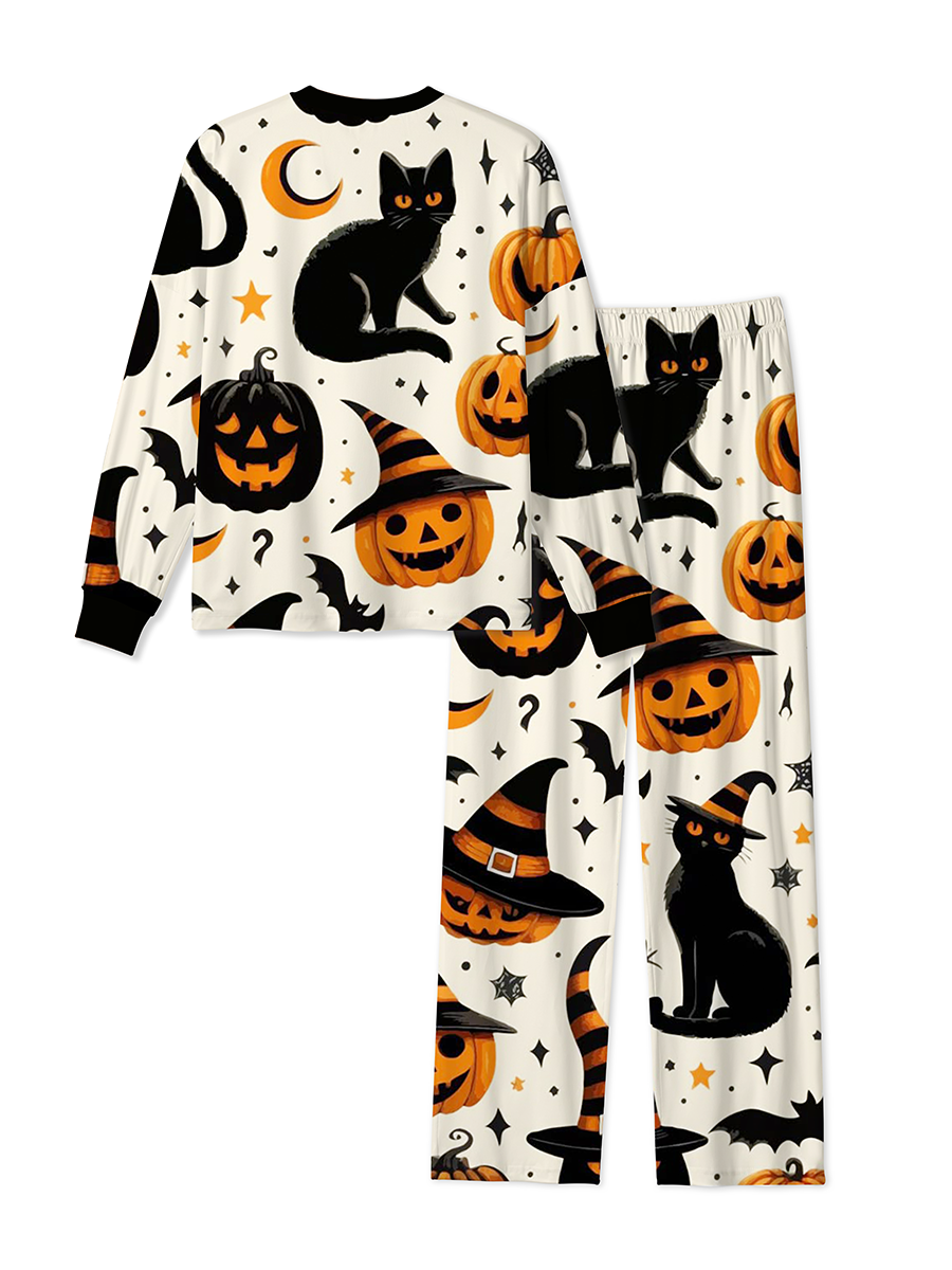 Vintage Retro Americana Black Cat Pumpkin Moon Halloween Pajama