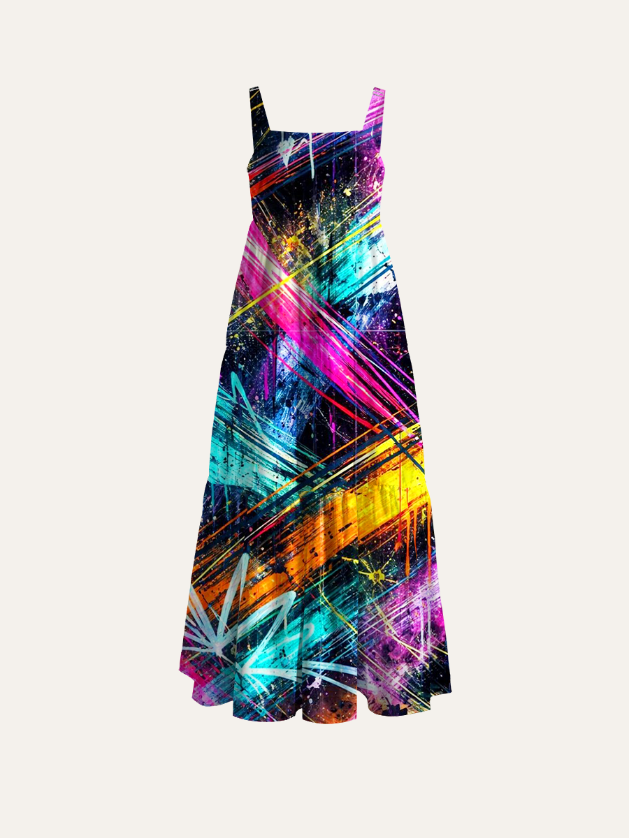 Neon Graffiti Splash Adjustable Wide Straps Maxi Dress