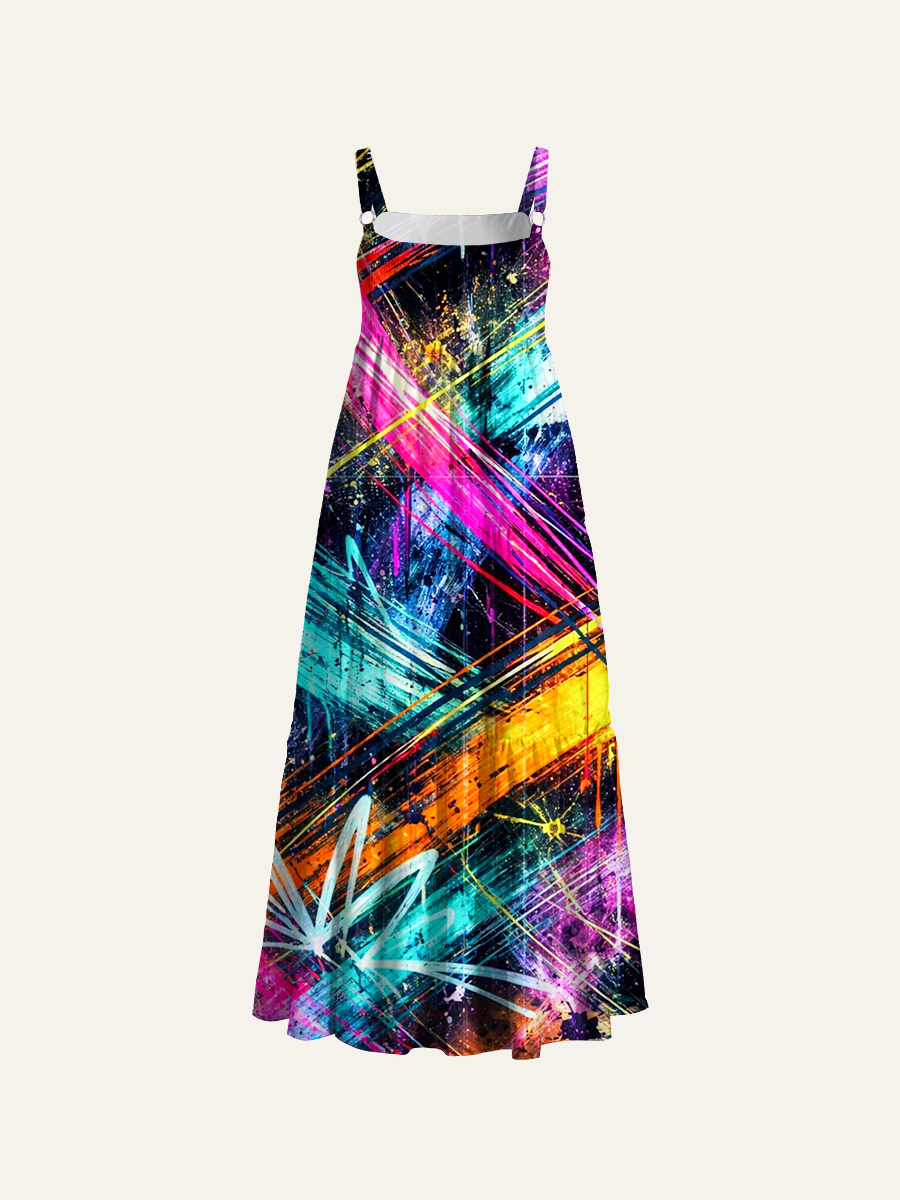 Neon Graffiti Splash Adjustable Wide Straps Maxi Dress