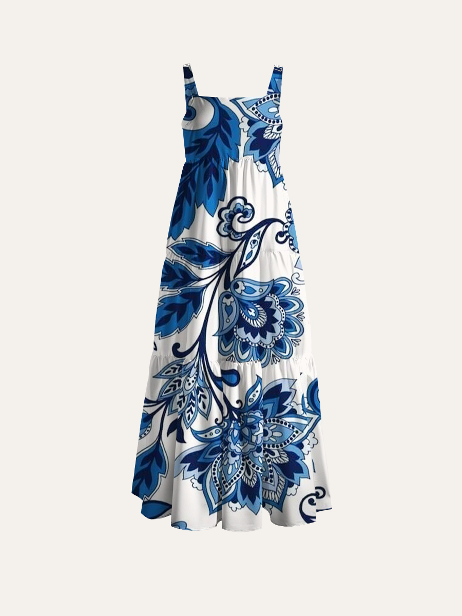 Indigo Blue Jacobean Adjustable Wide Straps Maxi Dress