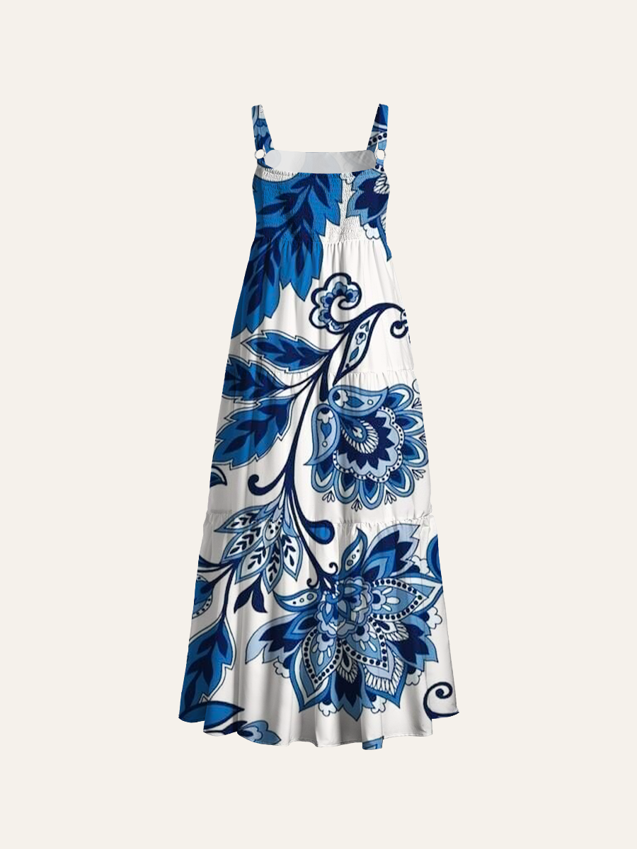Indigo Blue Jacobean Adjustable Wide Straps Maxi Dress