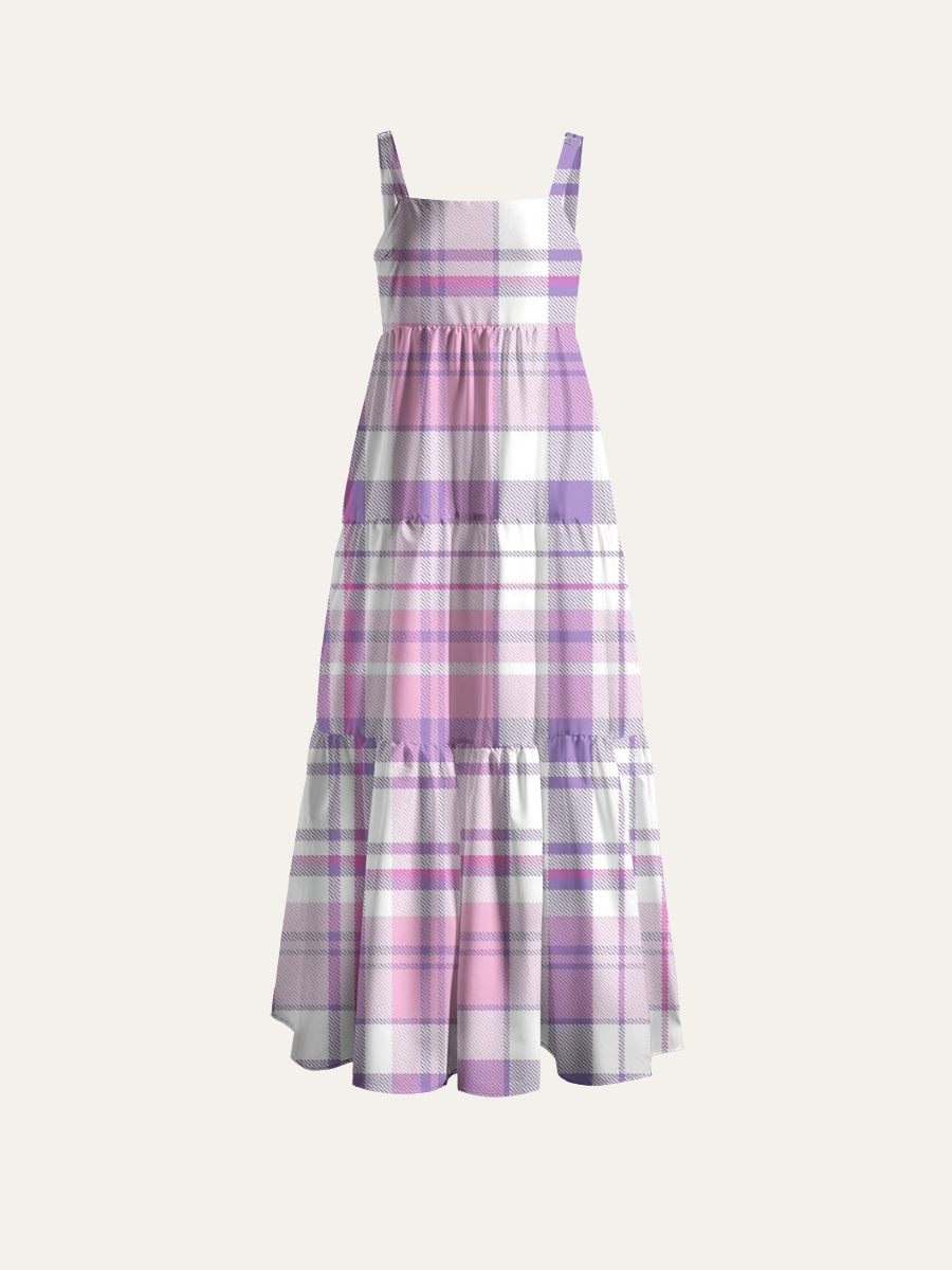 Soft Pastel Checkered Fabric Adjustable Wide Straps Maxi Dress