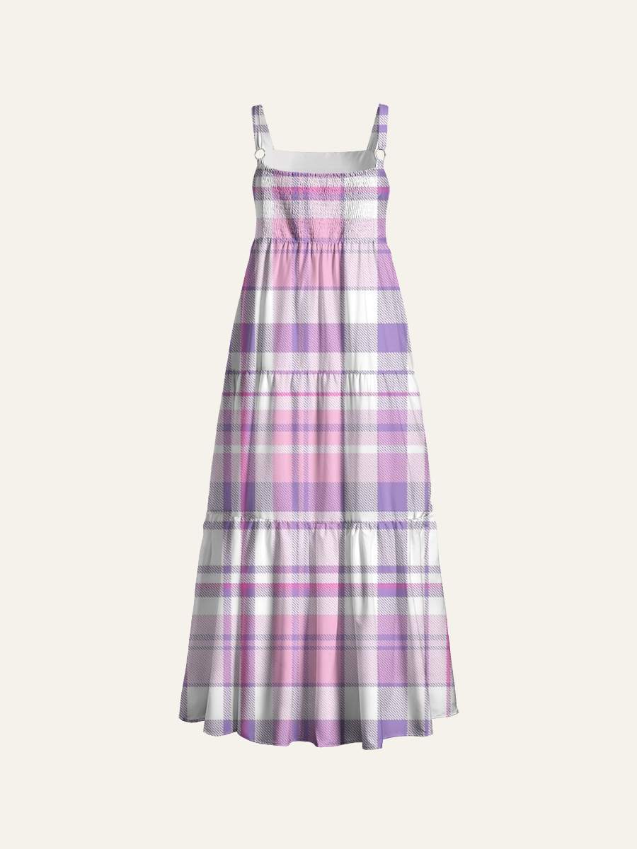 Soft Pastel Checkered Fabric Adjustable Wide Straps Maxi Dress